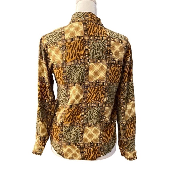 VTG Allison Taylor Gray Brown Silk Belt Buckle Animal Print Shirt Blouse Medium - Picture 3 of 8